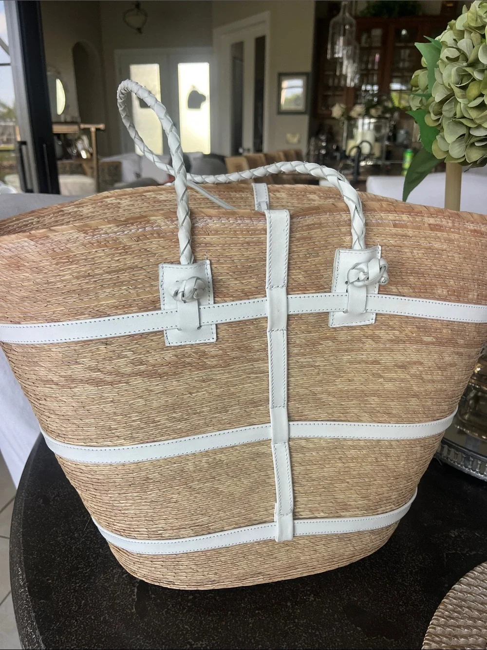 EUC Altuzarra Watermill large raffia tote with white leather braided straps